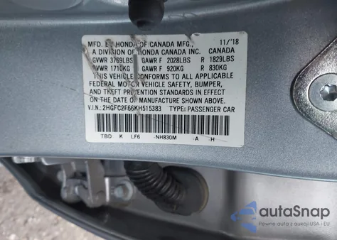 2019 Honda Civic Lx from USA, damaged, VIN 2HGFC2F66KH515383